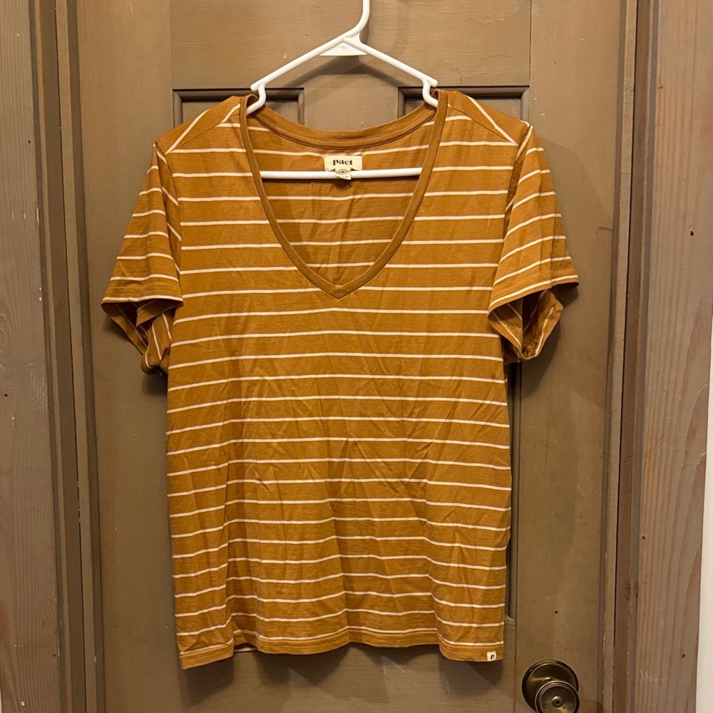 Pact Mustard Striped Softspun V-Neck Tee